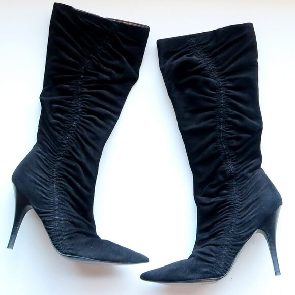 Steve Madden Shoes - Steve Madden Black Suede Leather Pointy Toe Heeled Half Calf Rouched Boots